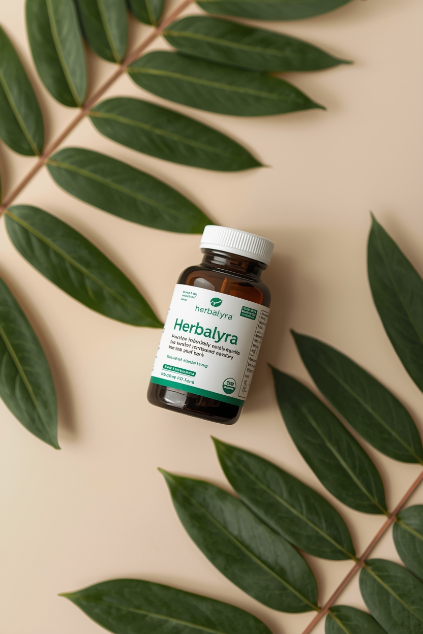 Amber glass supplement bottle beside natural leaves on a neutral surface